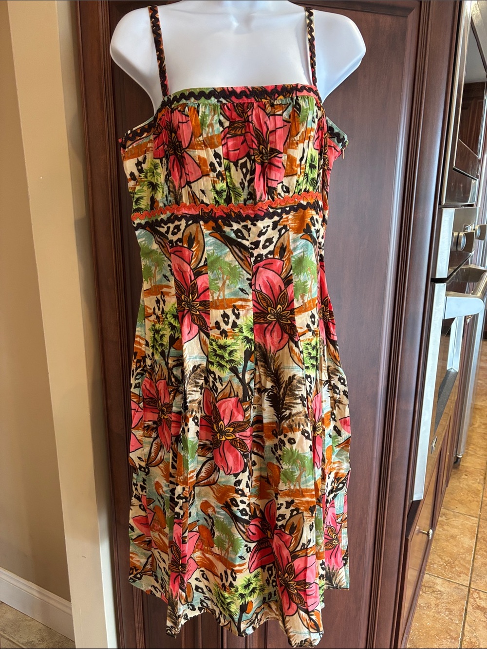 Tropical Floral Spaghetti-Strap Midi Dress in Pink & Green